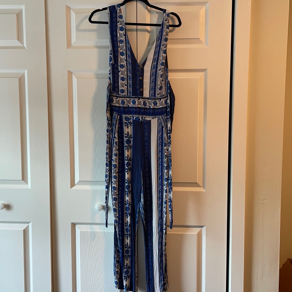 Free people blue and white jumpsuit